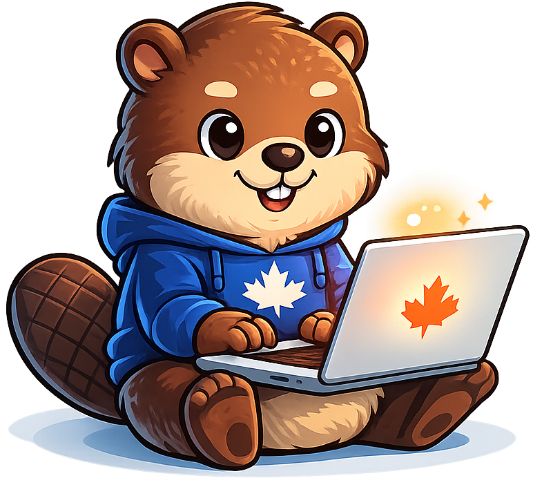 Maple Coder, a friendly beaver mascot wearing a blue hoodie with a maple leaf, coding on a laptop