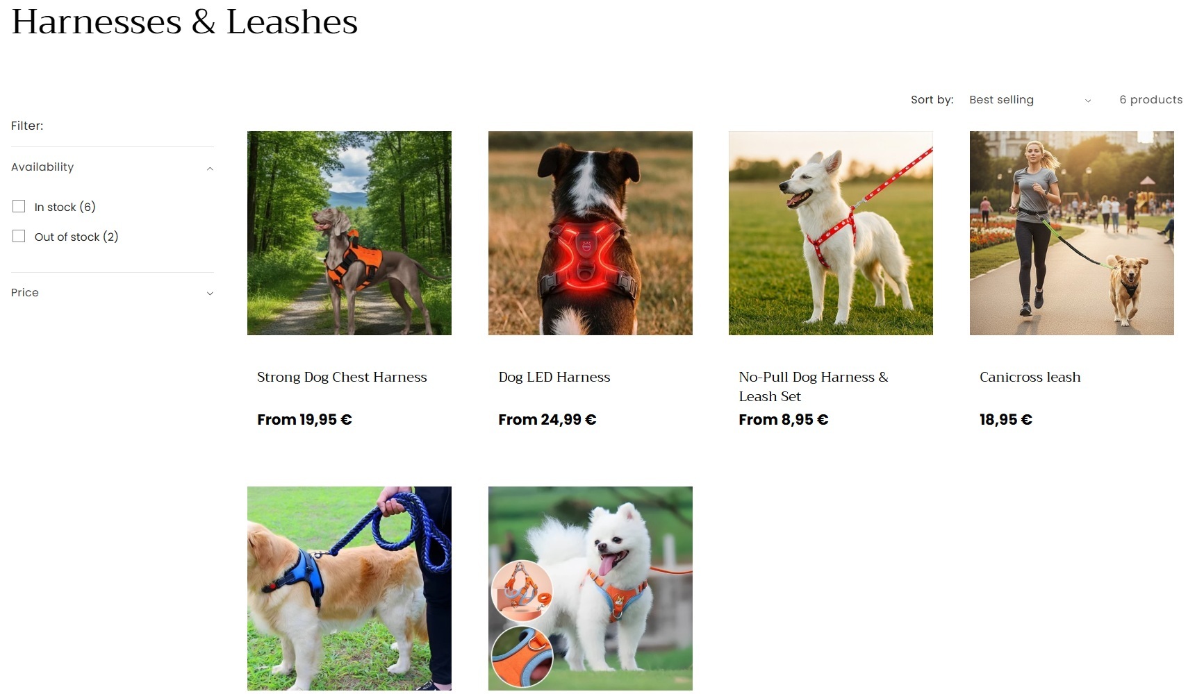 Chiens Royaux harnesses and leashes collection with product prices, availability filters, and sorting
