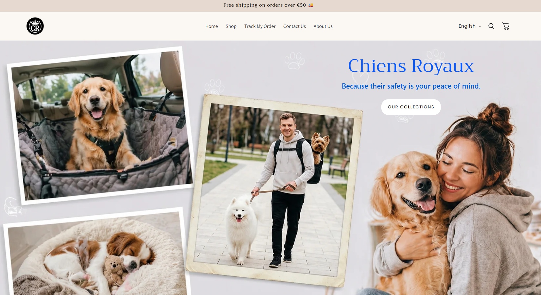 Chiens Royaux storefront homepage featuring dogs and a link to product collections