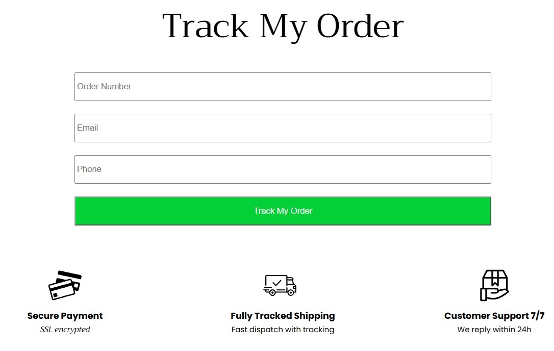 Chiens Royaux order tracking form with order number, email, and phone fields