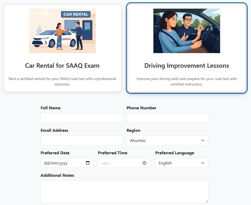 Expertise Pro booking form with service selection, contact details, region, and preferred date, time, and language