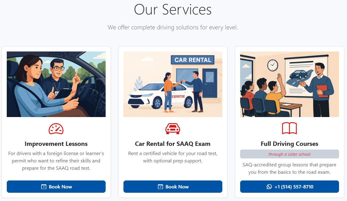 Expertise Pro services showing driving improvement lessons, SAAQ exam car rentals, and partner-school driving courses