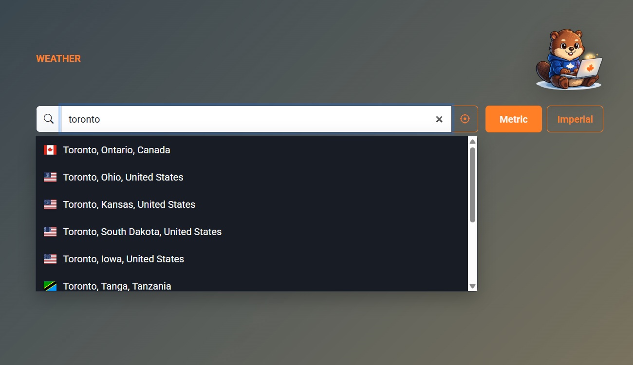 Screenshot of the weather app city search for Toronto