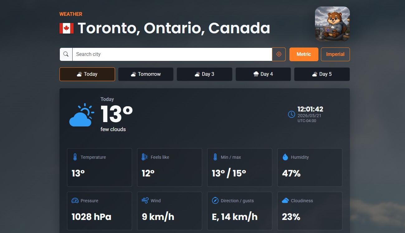 Screenshot of the weather app showing Toronto weather